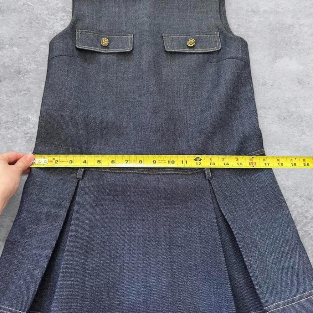 Honore Wool Blend Pleated Structured Mini Dress Dark Indigo Blue Gold Button S - Picture 3 of 8